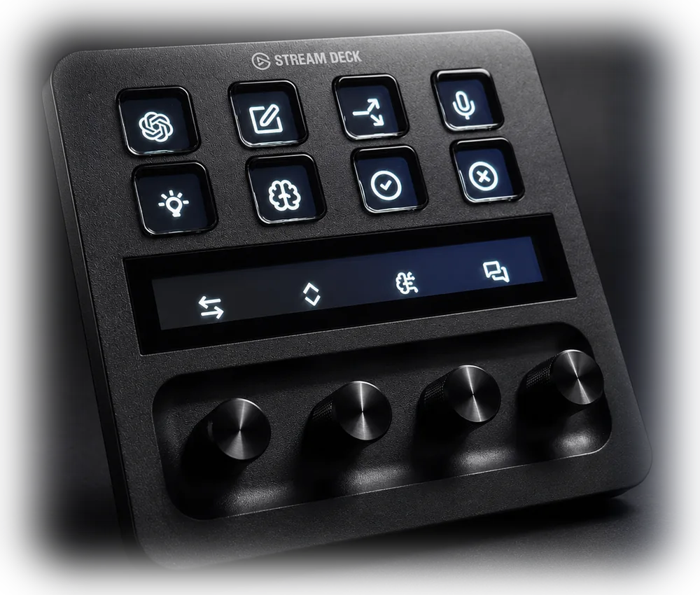 A Stream Deck+ seen from the left, keys lit and dials angled toward the camera