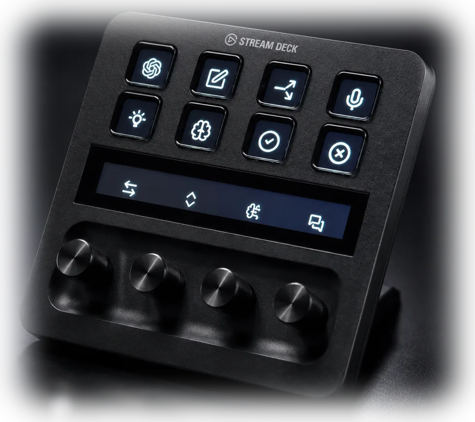 A Stream Deck+ seen from the right, its four dials in the foreground